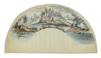 (DECORATIVE ARTS--FANS.) Seven hand-drawn designs for Louis XV-era hand fans,